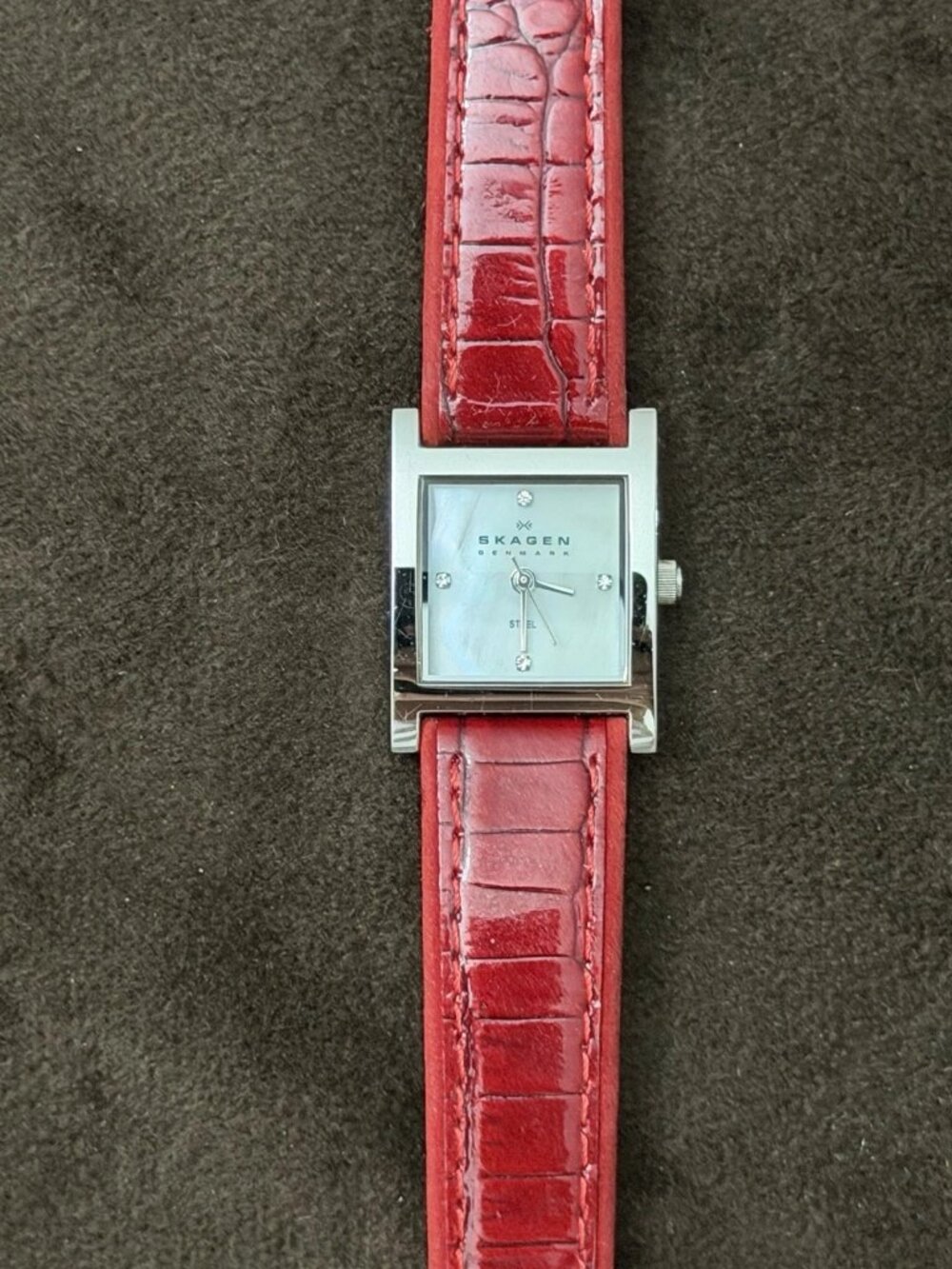 Skagen Women's Quartz Square Stainless Case Silver MOP Dial Red Leather 3 ATM